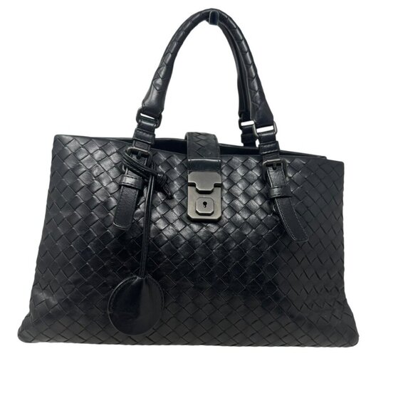 Bottega Veneta Womens Woven Leather Intrecciato Roma Satchel Bag Handbag Black - Picture 16 of 16